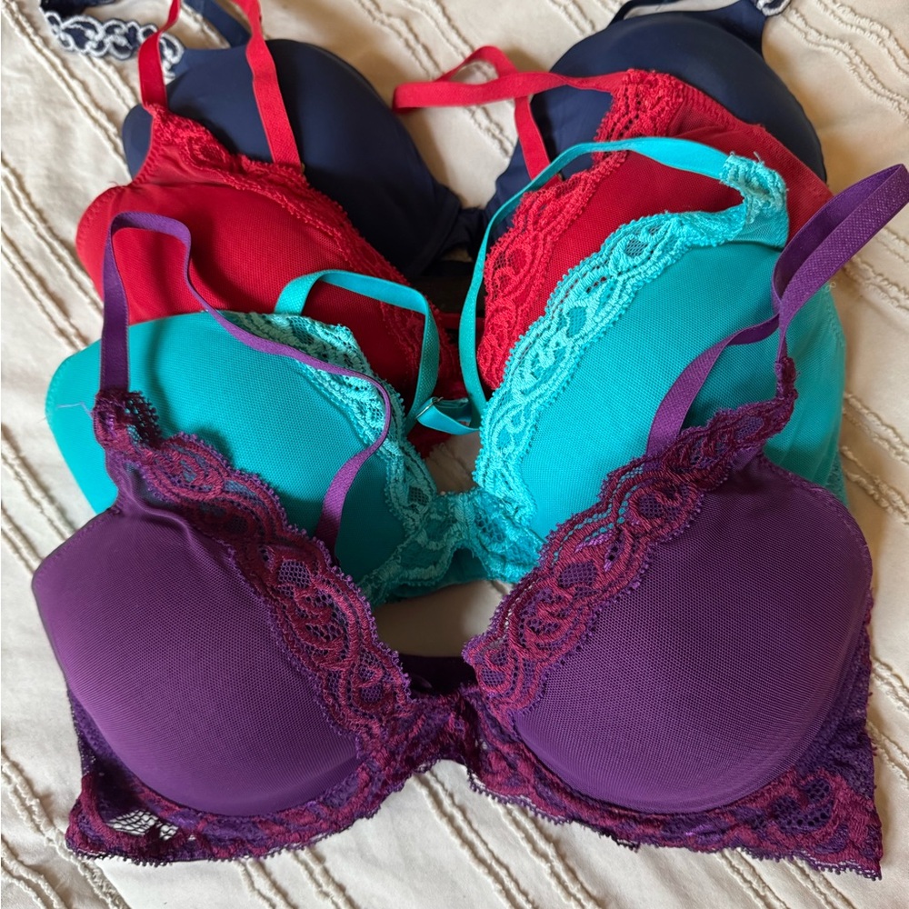 Natori Lace Trim Bra Set - Purple, Red, Teal